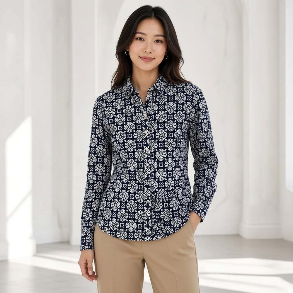 Talbots Petites Navy Batik Tile Print Blouse Long Sleeve Button Down Cotton SP